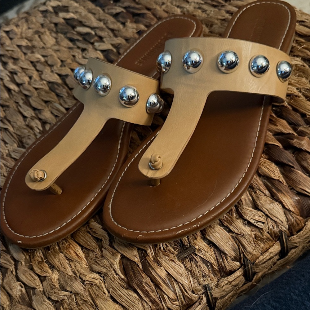 Stud-Embellished Tan Leather Thong Sandals
